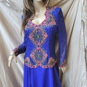 Adrianna Papell Dress Blue Silk Ornately Beaded Top Pleated Skirt Long Sleeve 14